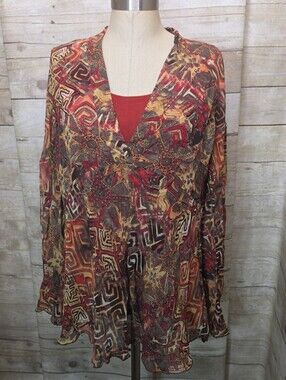 Chico's Rust Multi-Pattern V-Neck Long Sleeve Tunic With Tank